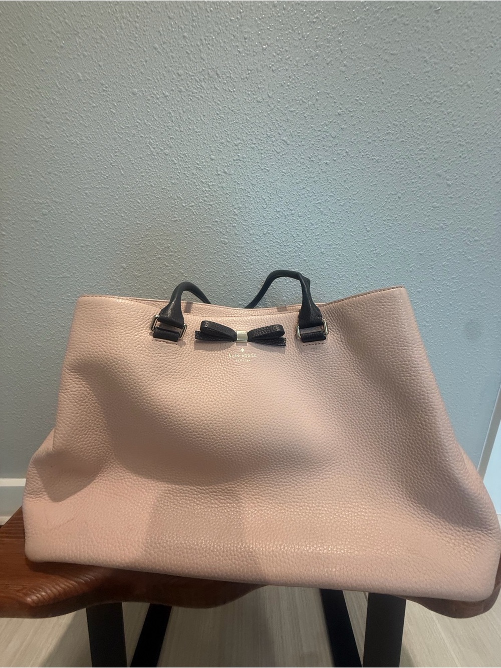 kate spade Blush Pink Pebbled Leather Tote with Black Trim and Bow